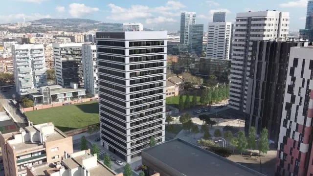 En el centro, el futuro edificio Cobo que AEDAS Homes promueve en régimen Build to Rent (BtR) para Grupo Lar.

