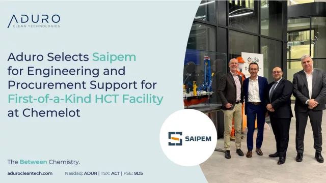 Aduro elige a Saipem para que le preste apoyo en ingeniería y aprovisionamiento para la primera instalación de HCT de este tipo en Chemelot